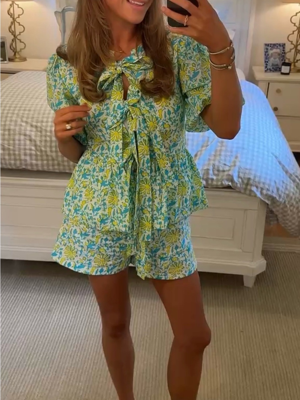 Floral Tie-Neck Short Sleeve Top in Blue & Yellow